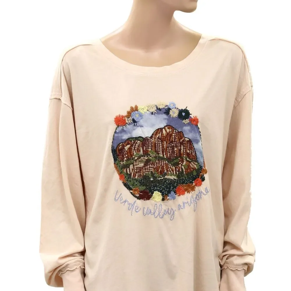 Free People Verde Valley Arizona Embroidered Graphic Long Sleeve Top M 289859